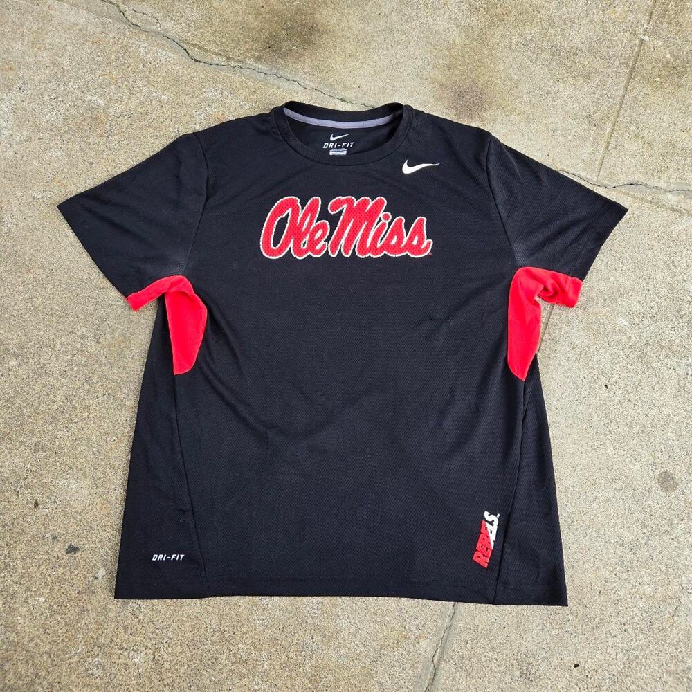 Vtg Y2k NIKE Ole Miss Spellout Graphic Colorblock College Dri Fit T Shirt XL